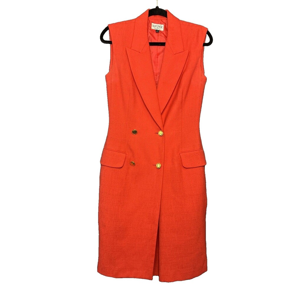 Kasper ASL Sleeveless Midi Shirt Dress Sz 4 Coral Orange Gold Chain Office Exec